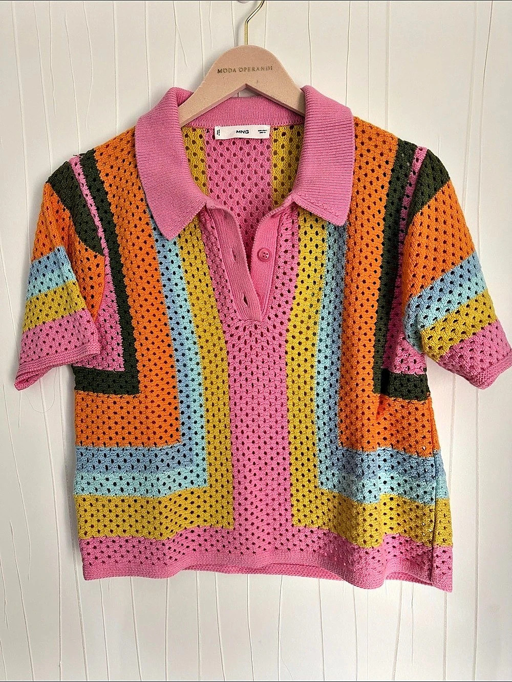 MNG Color Block Knit Polo Pink Orange Size Large